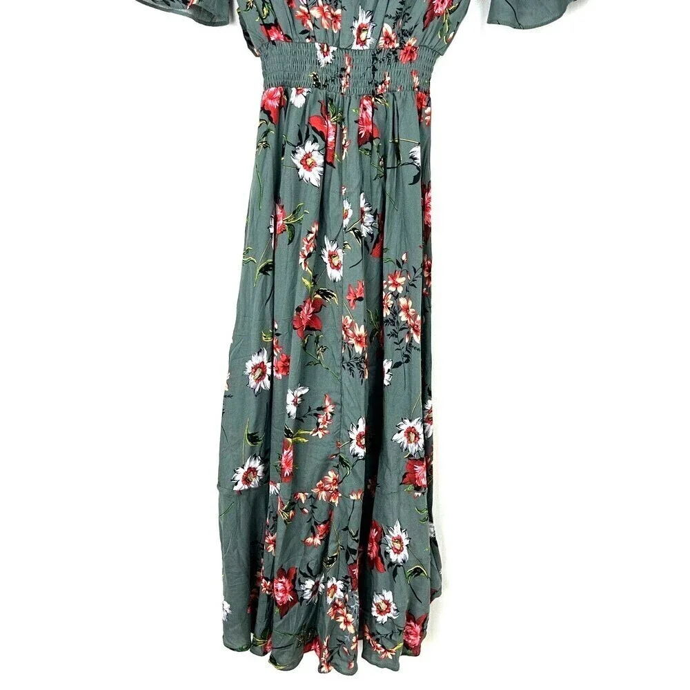 New KorMei Women M Maxi Dress Blue V Neck Short Sleeve Floral High Low Flowy R - Picture 9 of 13